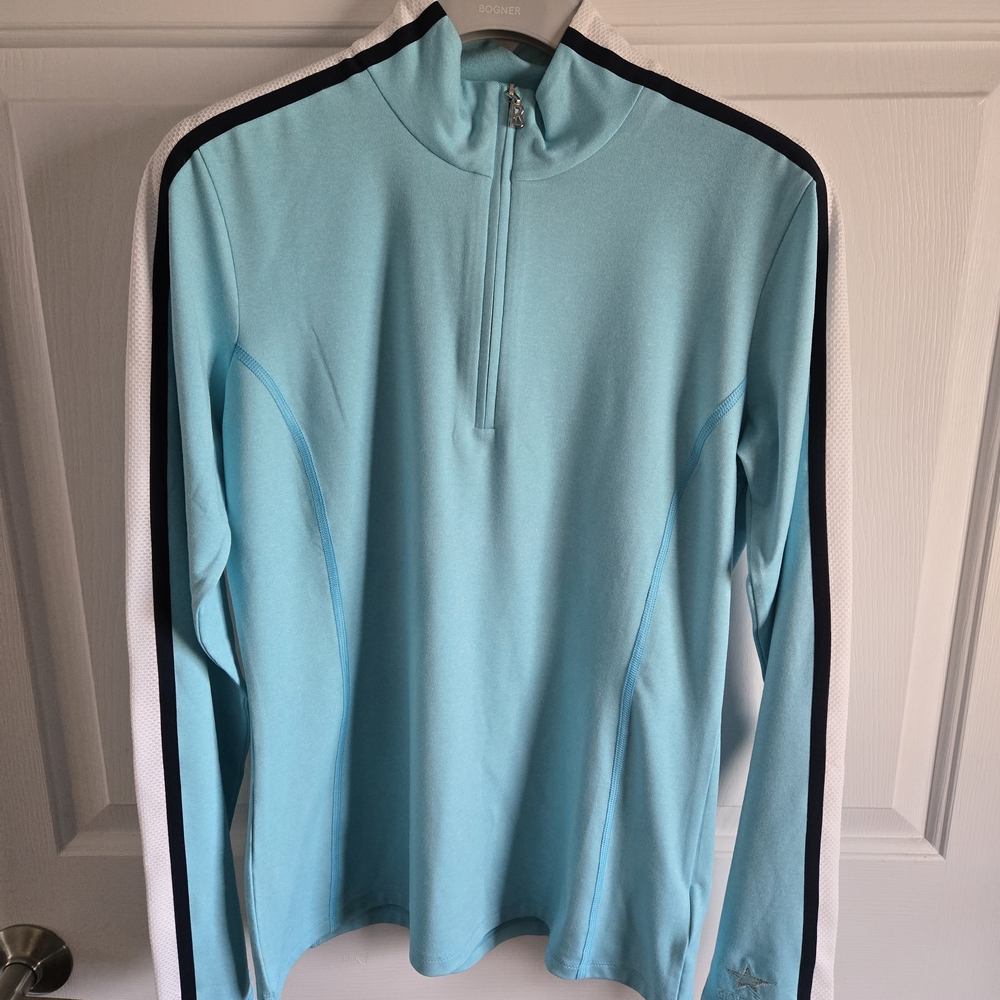Bogner Milly Baselayer Top, Crystal Blue, Sz M, NWT w/Swarovski Crystal Accent